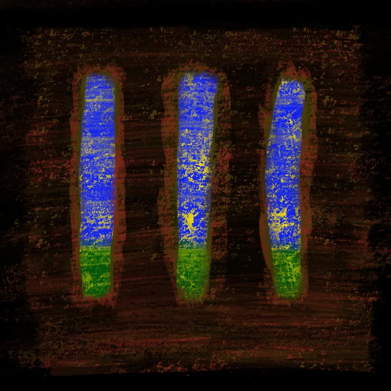 black and brown area with three vertical lines revealing green and blue